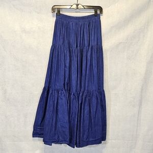 On the Verge Tiered Ruffle Dark Blue 100% Cotton Denim Maxi Skirt Size S